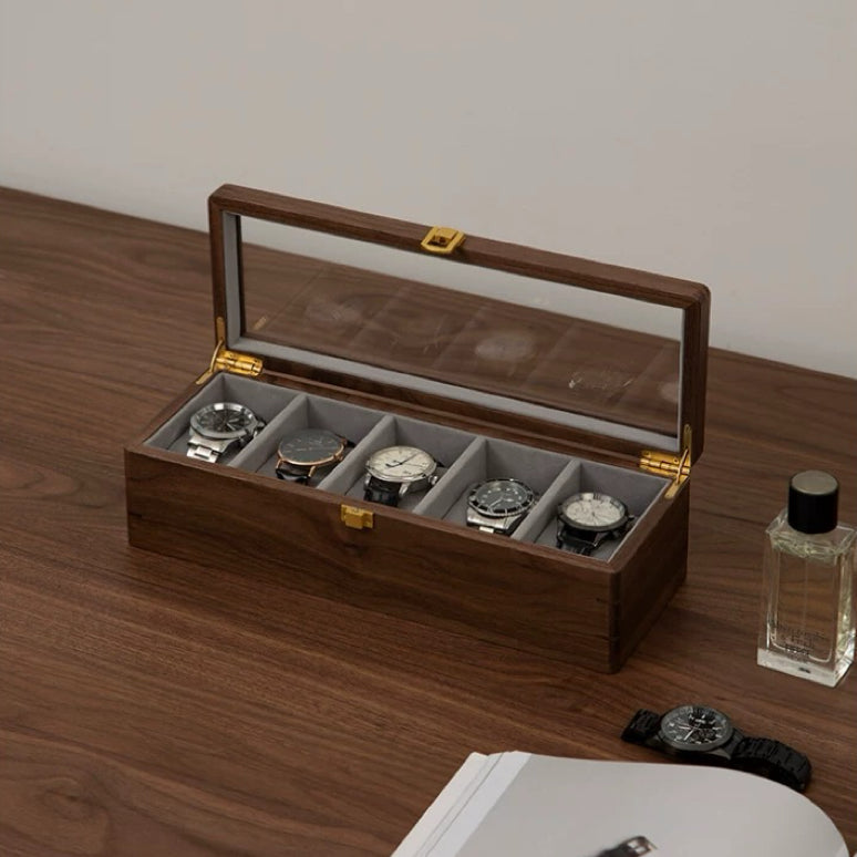 Collection de boîtes à montres Cadran en noyer massif avec couvercle en verre