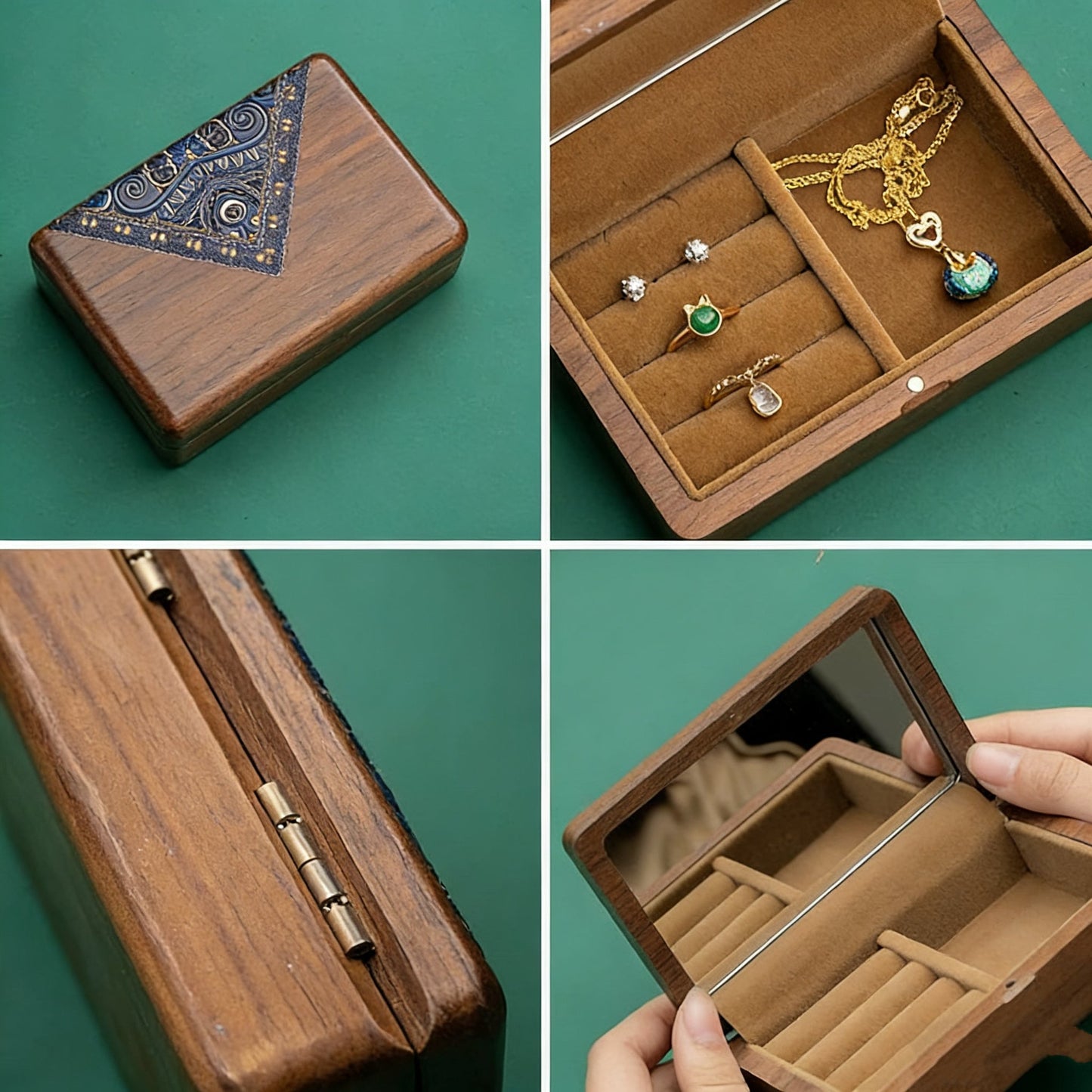 Boîte à bijoux Glypha en noyer massif avec miroir