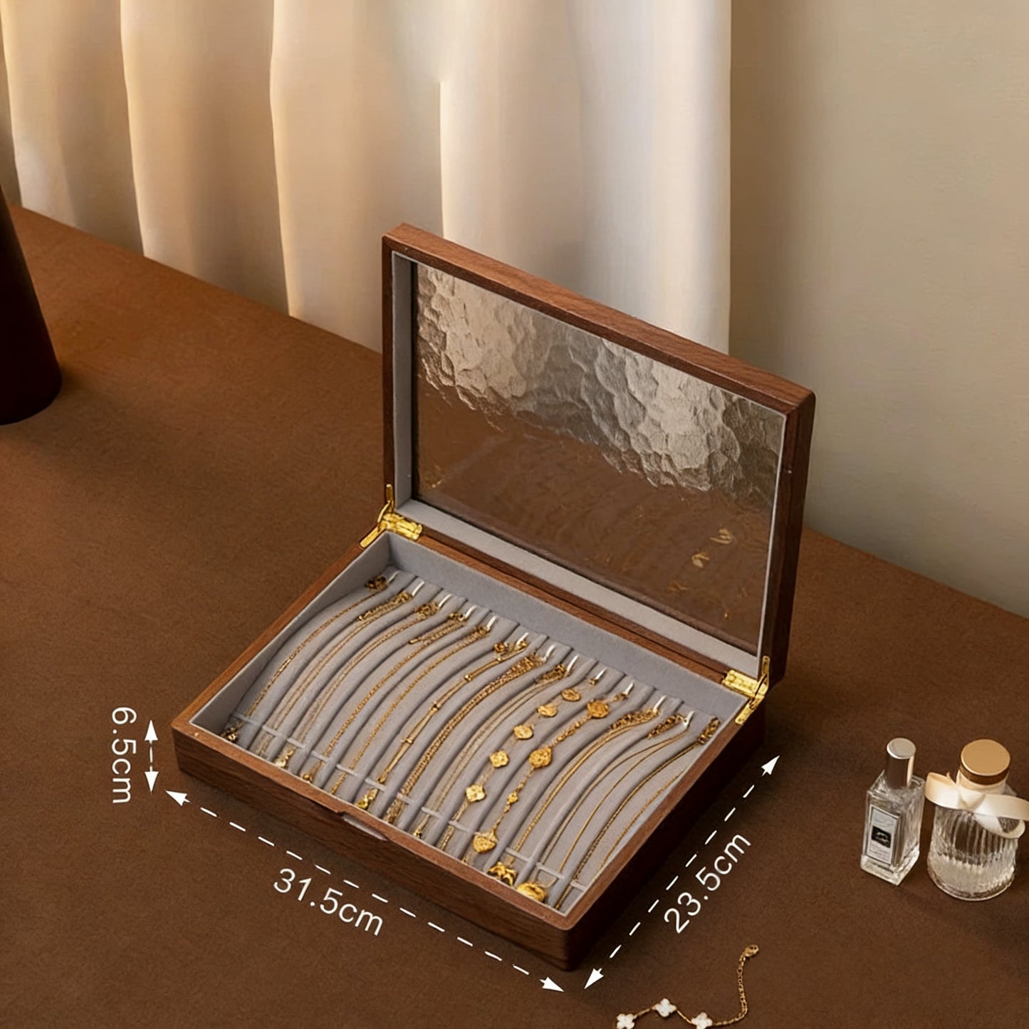 Boîte à bijoux Gemripple en noyer massif avec couvercle en verre texturé