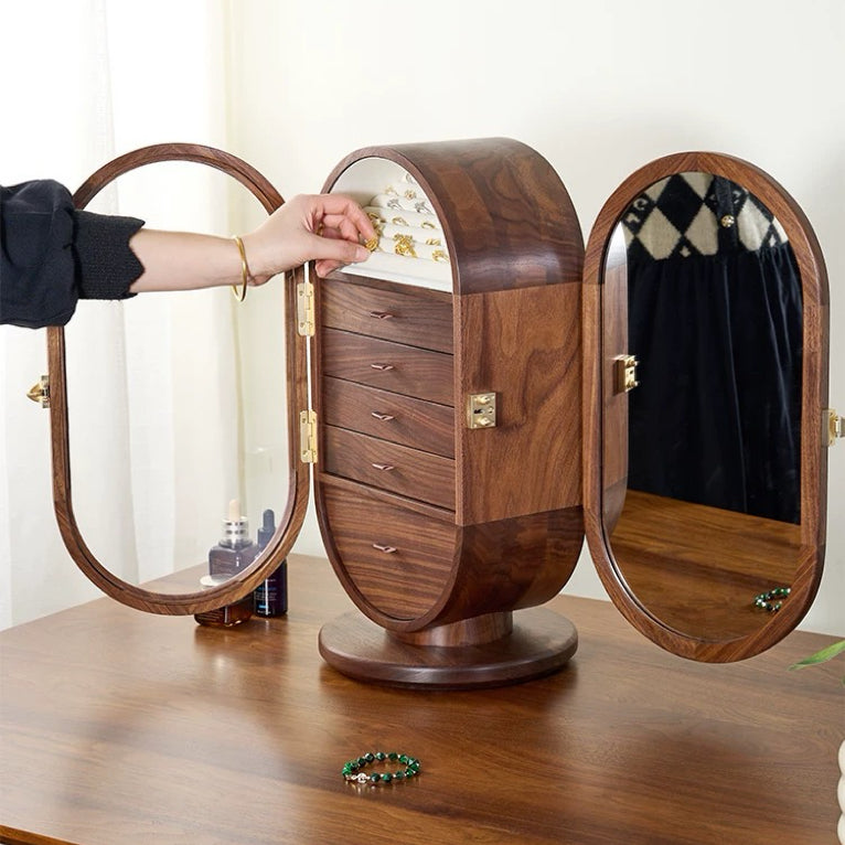Isabel Rotating Luxury Walnut Jewelry Cabinet With Mirror, Gift for Women