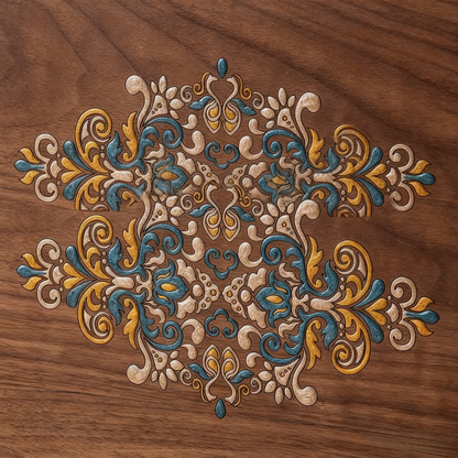 Künstlerisch bemalte, abschließbare Schmuckschatulle aus Walnussholz