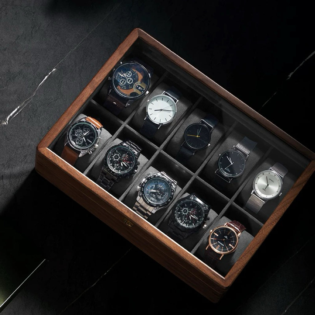 Aero solid walnut watch collection box with glass top
