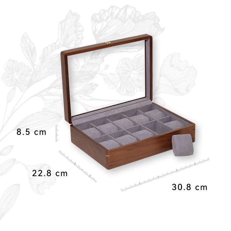 Aero walnut watch display box with elegant glass lid
