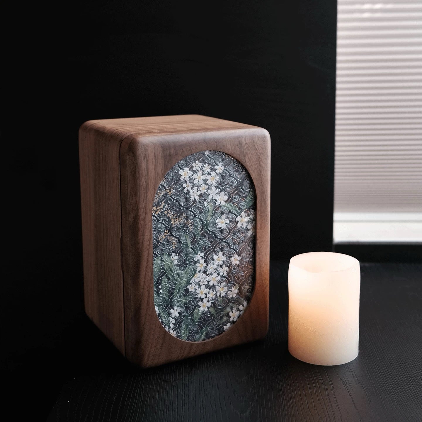 Black walnut jewelry storage box with stylish front panel