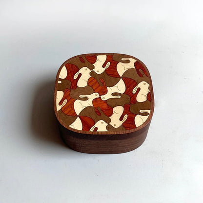 Close-up of Inlaya Handmade Walnut Retro Print Magnetic Jewelry Box