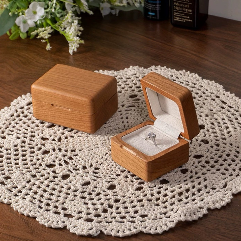 Compact natural wood ring box with smooth edges