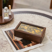 Elegant walnut jewelry box with art laminated tempered glass panel