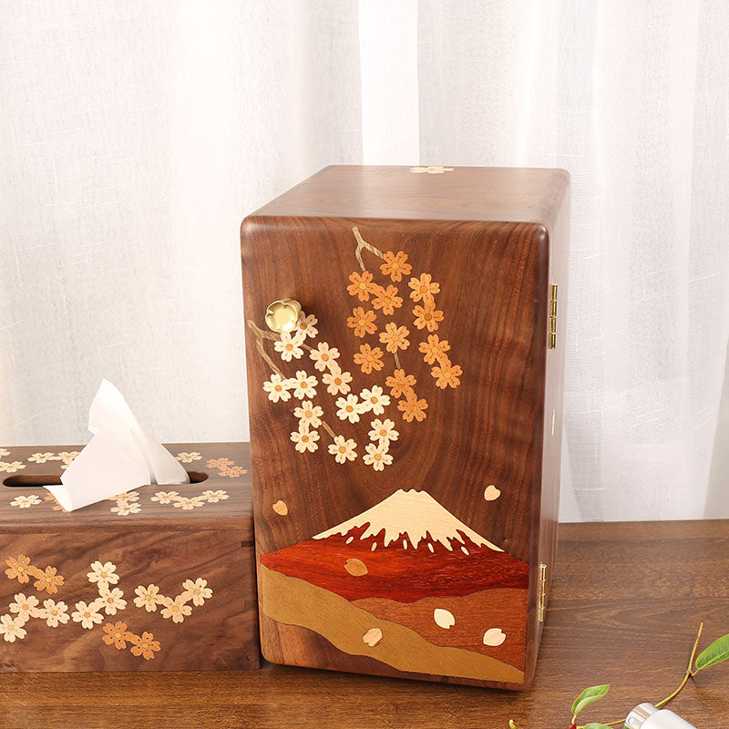 Floral walnut box displayed on dressing table