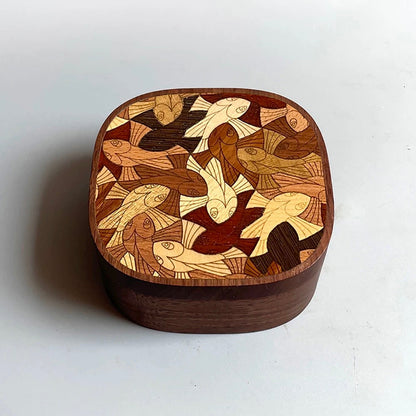 Handcrafted Inlaya Walnut Retro Print Magnetic Jewelry Box close-up
