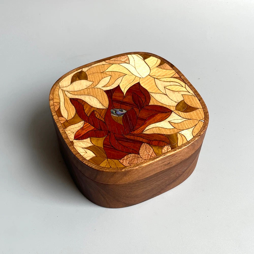Handmade Walnut Retro Print Jewelry Box with magnetic closure