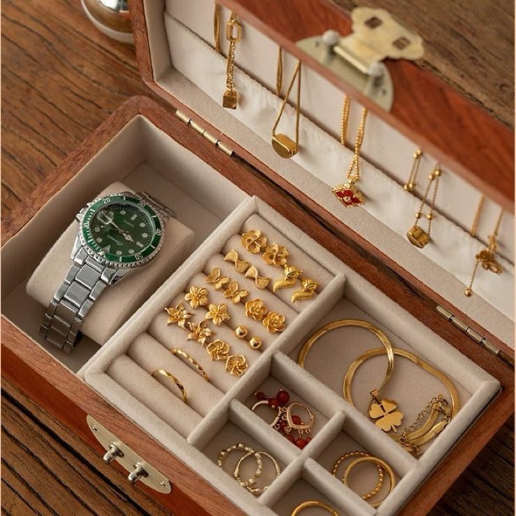 Schmuckkästchen im Retro-Stil aus Walnuss- und Rosenholz, Safranfarben