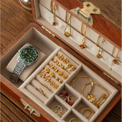 Schmuckkästchen im Retro-Stil aus Walnuss- und Rosenholz, Safranfarben