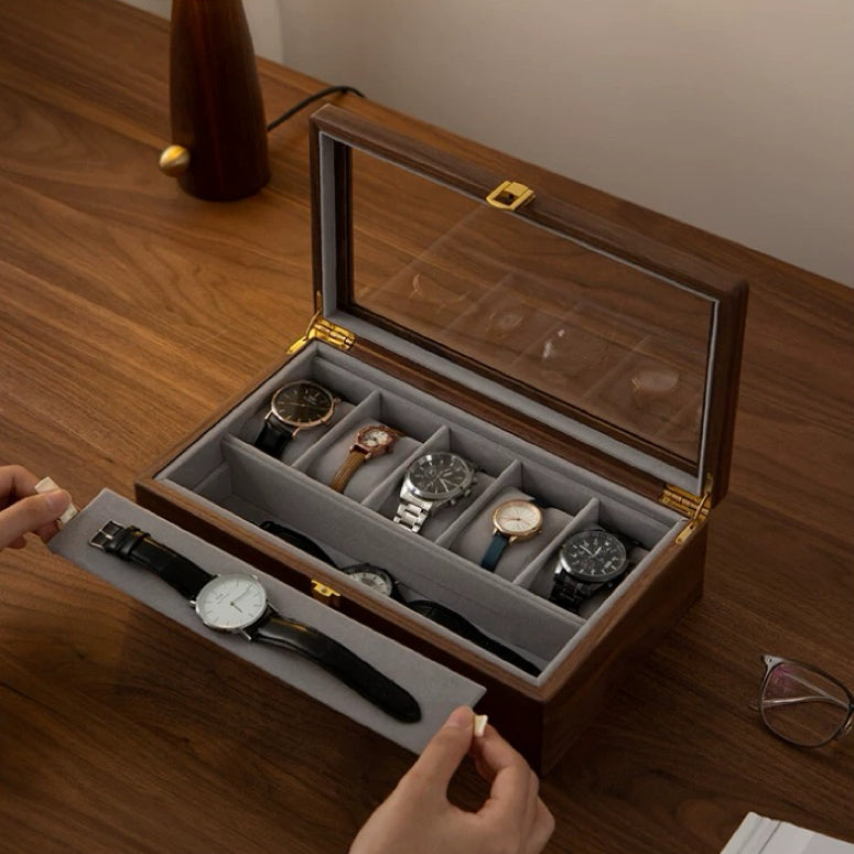 Collection de boîtes à montres Cadran en noyer massif avec couvercle en verre