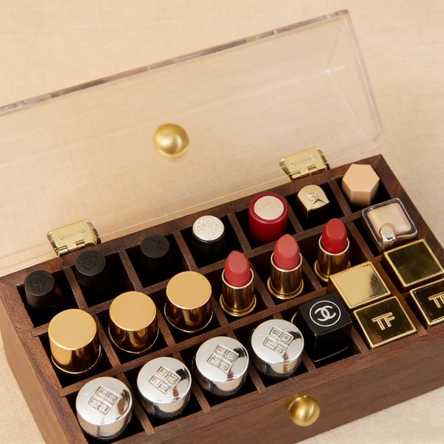 Boîte de rangement pour rouges à lèvres Vanity en noyer massif