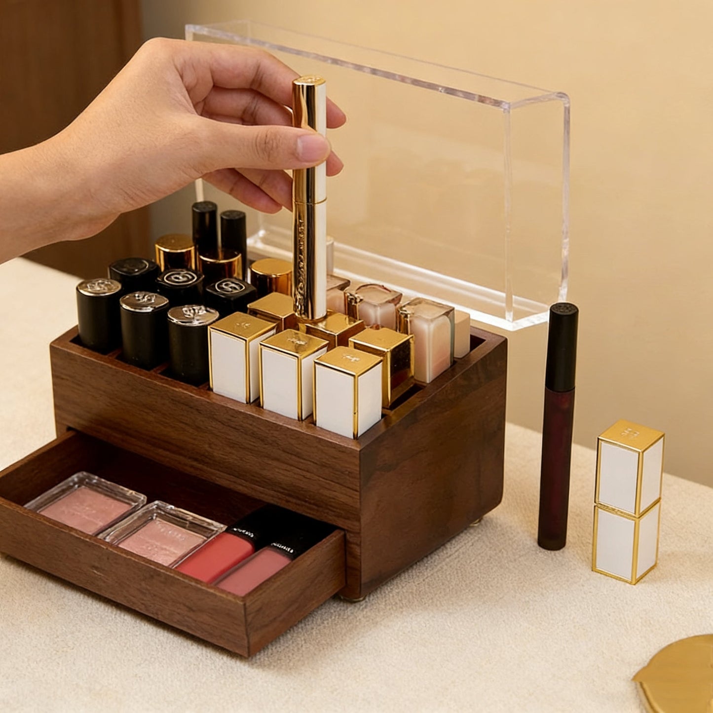 Boîte de rangement pour rouges à lèvres Vanity en noyer massif