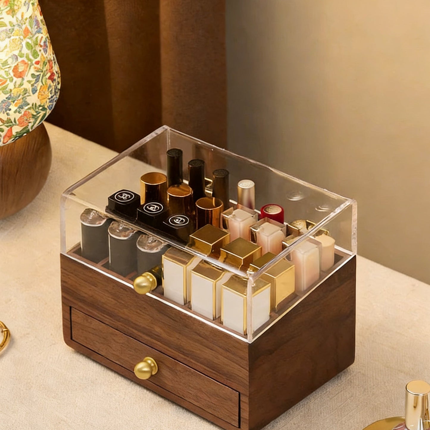 Boîte de rangement pour rouges à lèvres Vanity en noyer massif