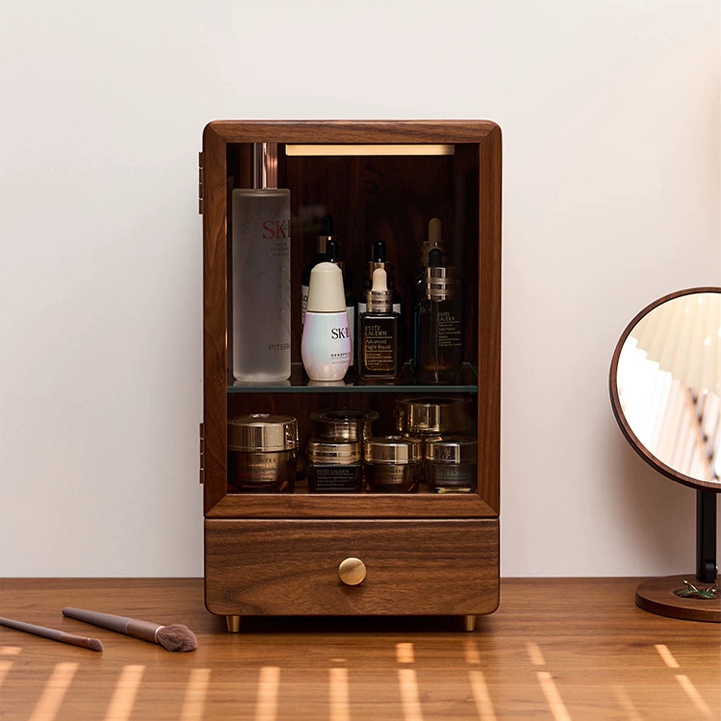 Armoire de rangement de maquillage Glam en noyer massif