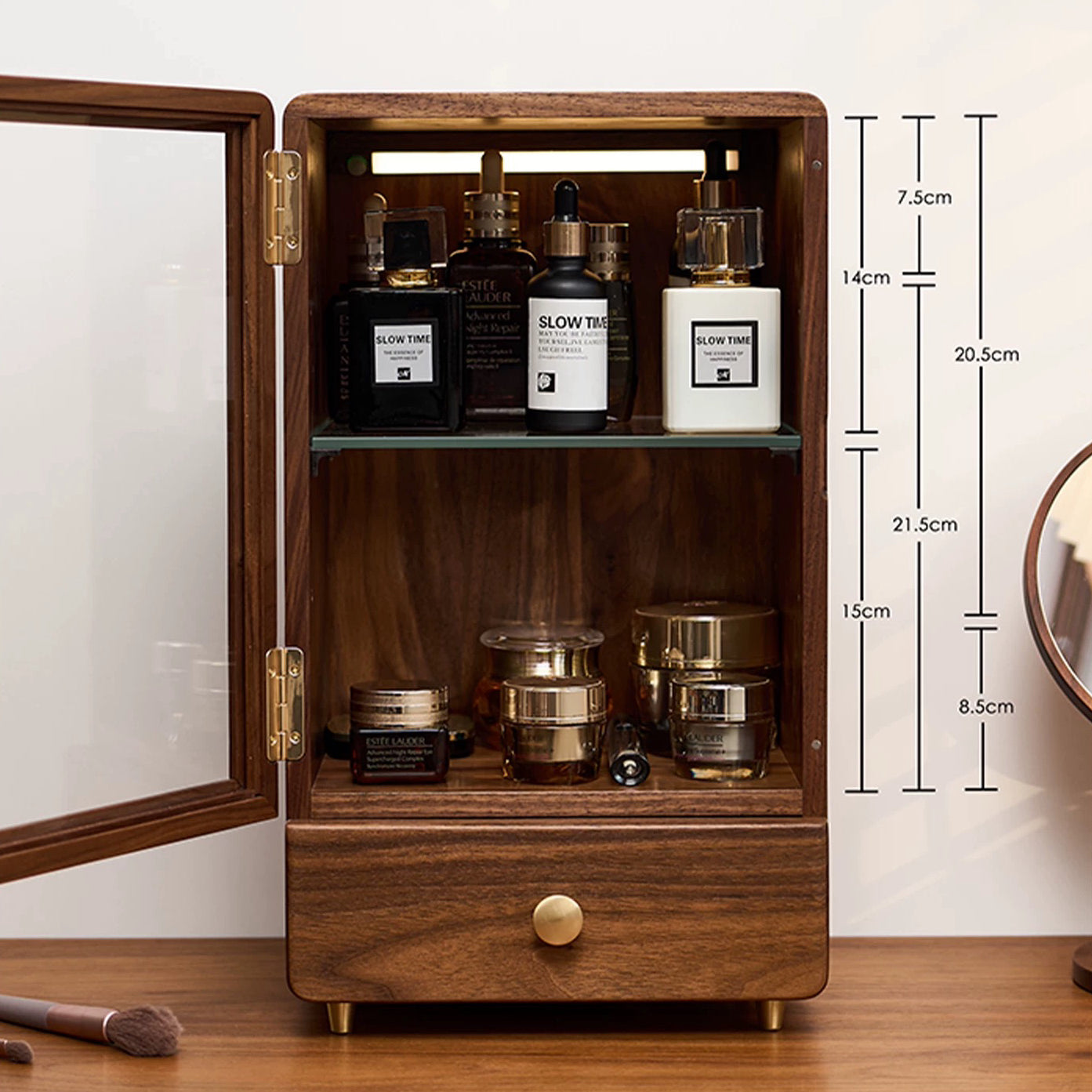 Armoire de rangement de maquillage Glam en noyer massif