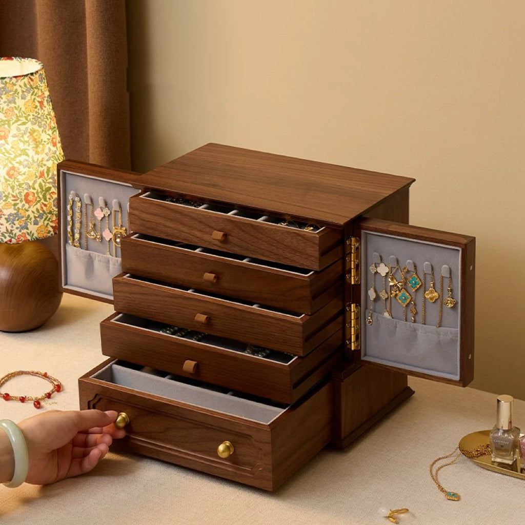 Schmuckaufbewahrungsschrank aus massivem Walnussholz mit Glanzmuster