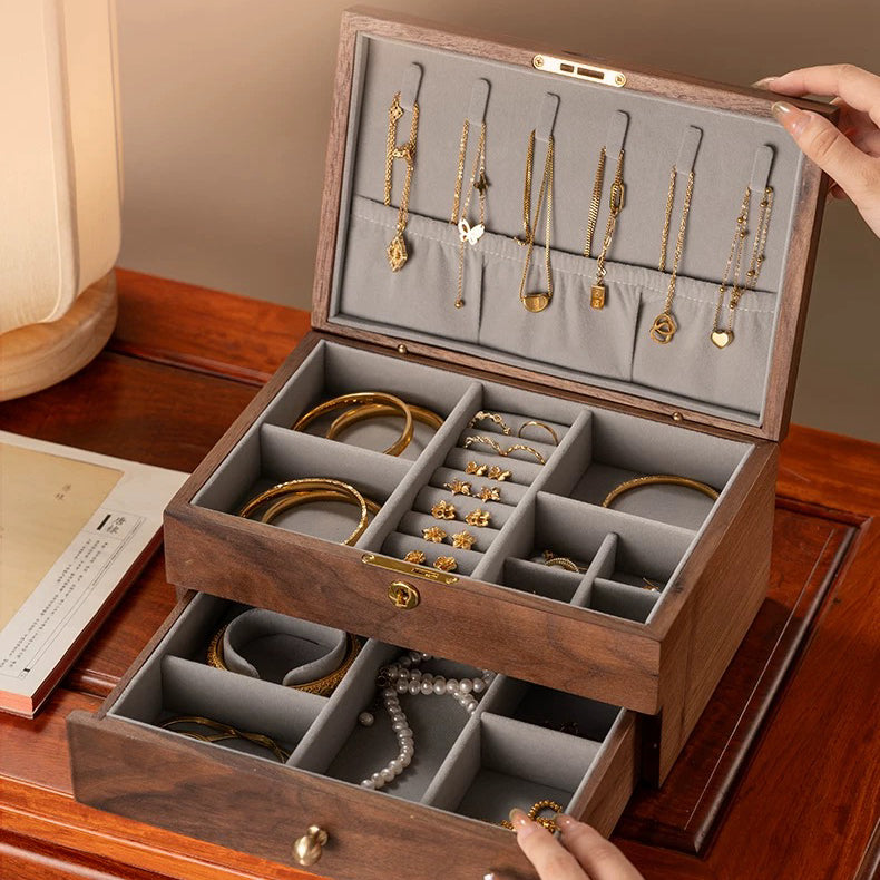 Boîte à bijoux Vinebird en bois massif avec deux tiroirs