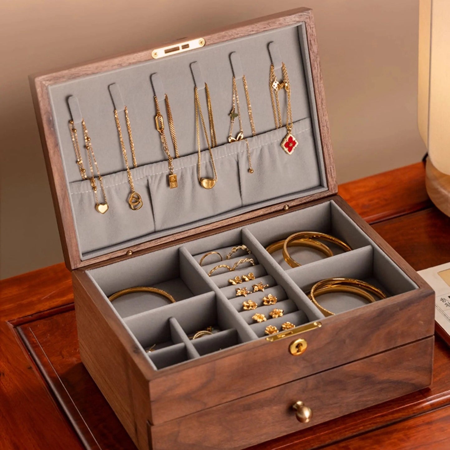Boîte à bijoux Vinebird en bois massif avec deux tiroirs