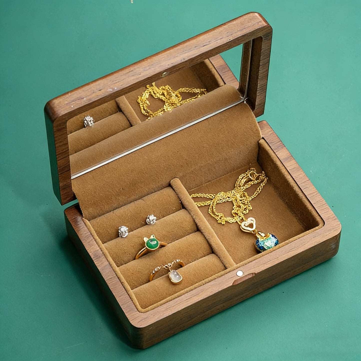 Boîte à bijoux Glypha en noyer massif avec miroir