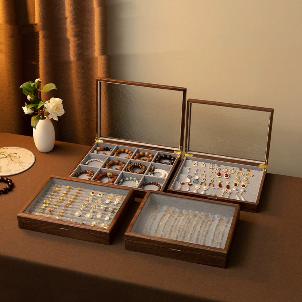 Boîte à bijoux Gemripple en noyer massif avec couvercle en verre texturé