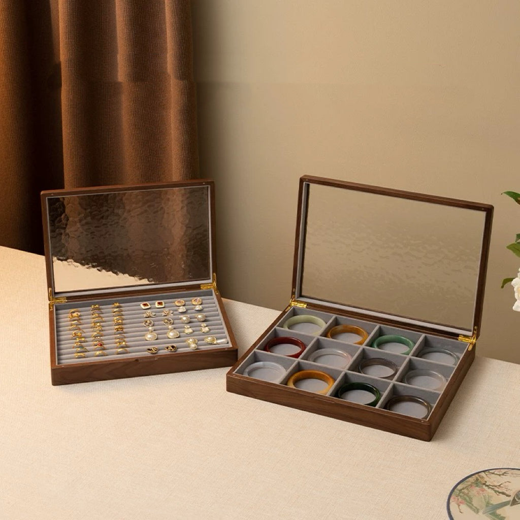 Boîte à bijoux Gemripple en noyer massif avec couvercle en verre texturé