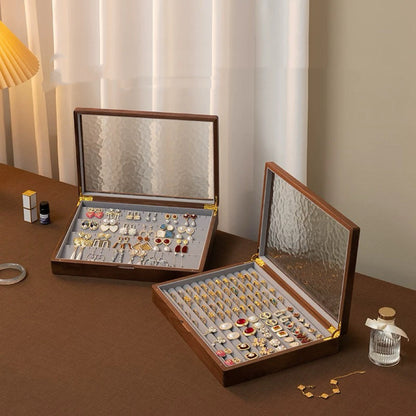 Boîte à bijoux Gemripple en noyer massif avec couvercle en verre texturé