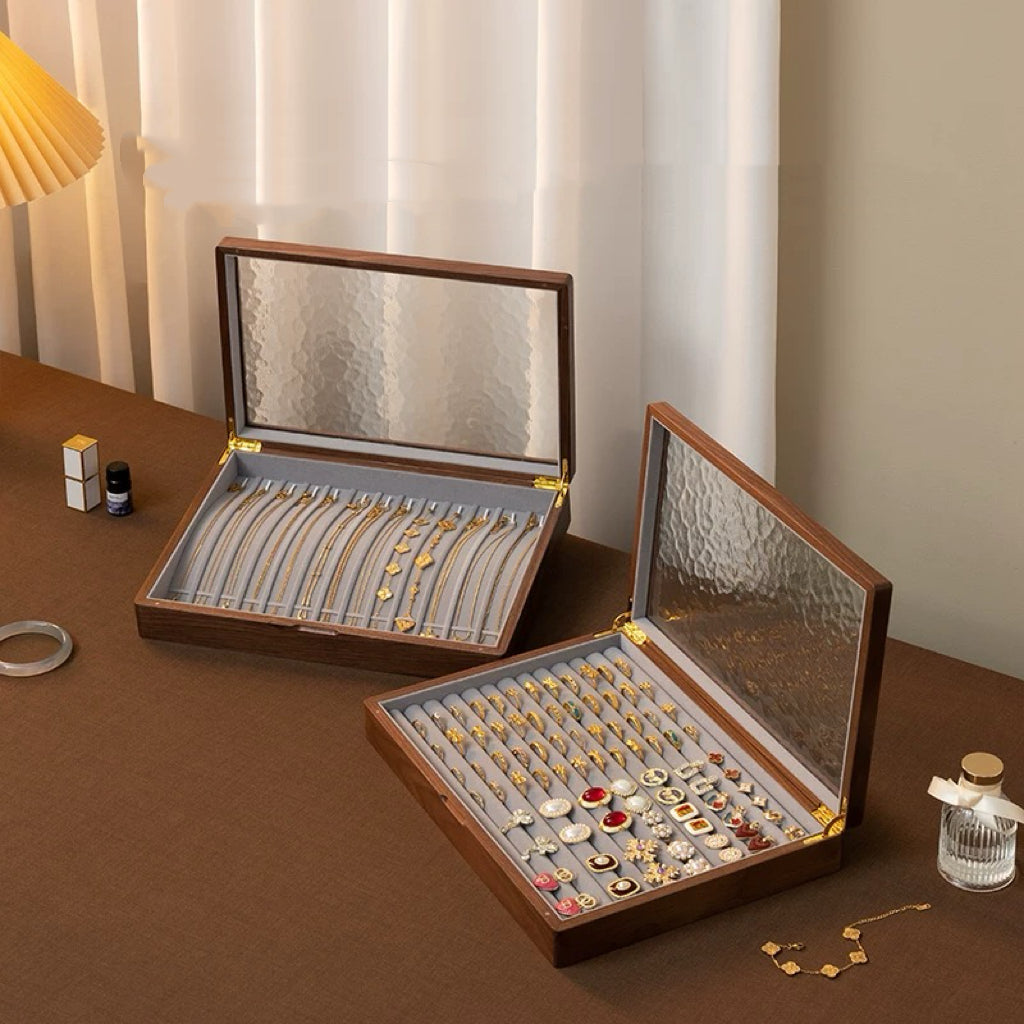 Boîte à bijoux Gemripple en noyer massif avec couvercle en verre texturé