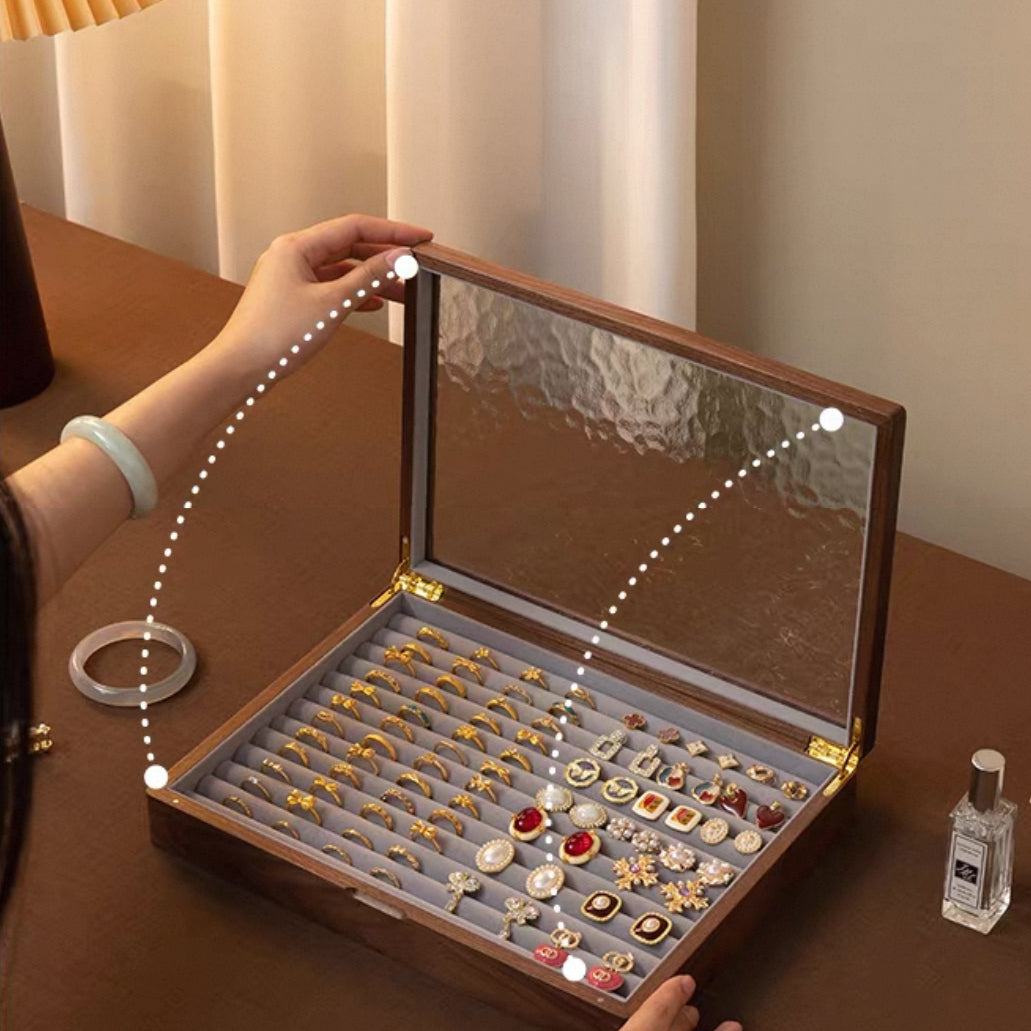 Boîte à bijoux Gemripple en noyer massif avec couvercle en verre texturé