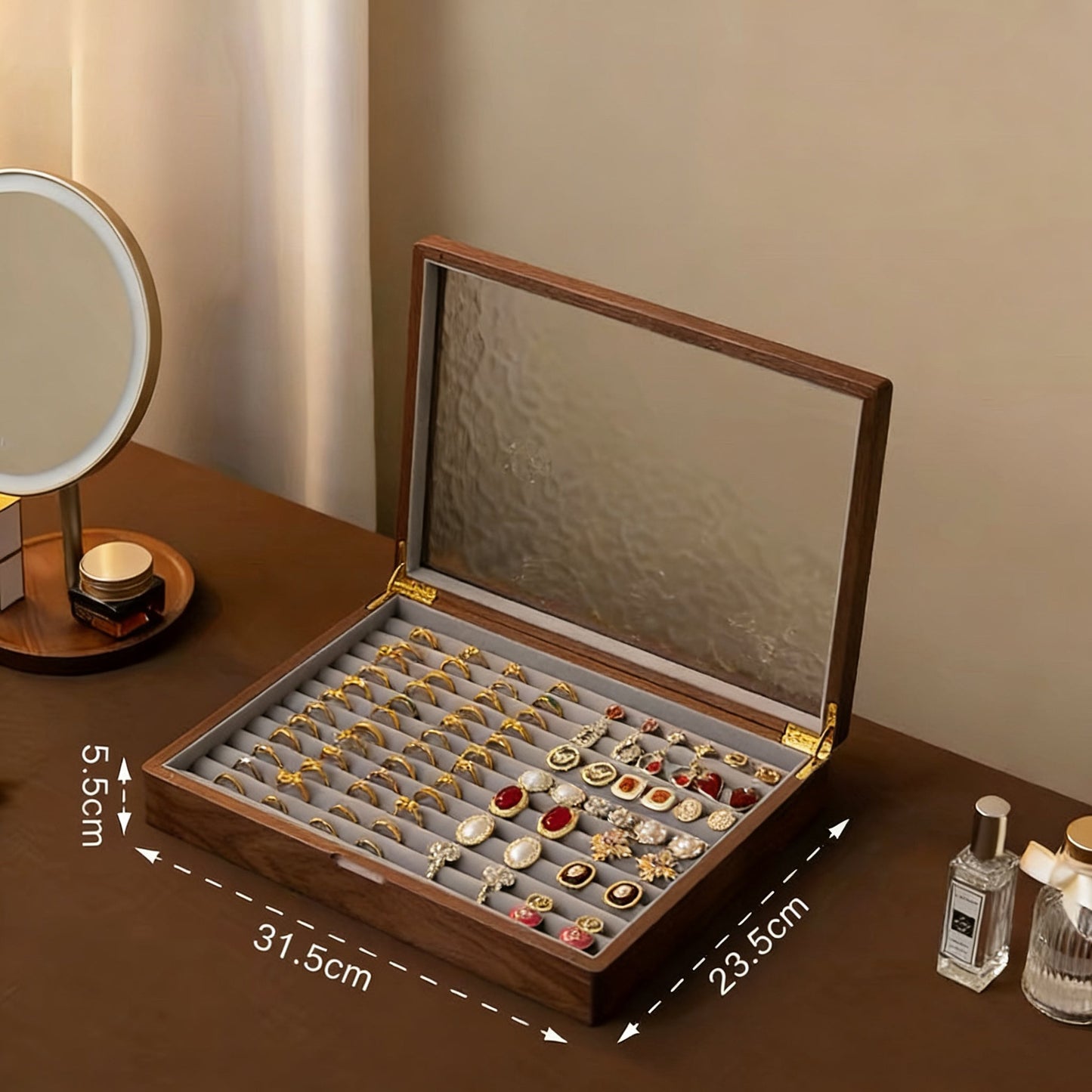 Boîte à bijoux Gemripple en noyer massif avec couvercle en verre texturé