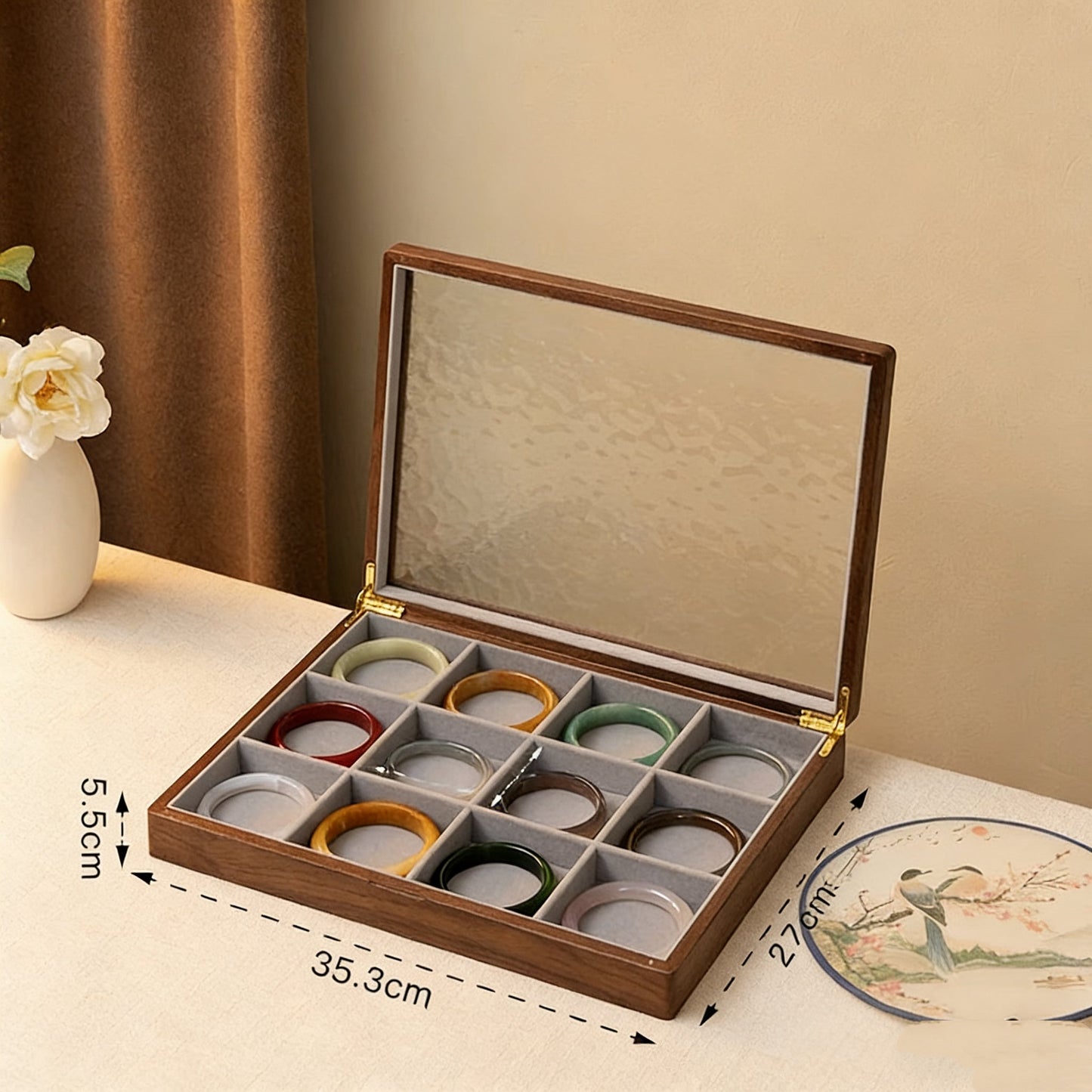 Boîte à bijoux Gemripple en noyer massif avec couvercle en verre texturé