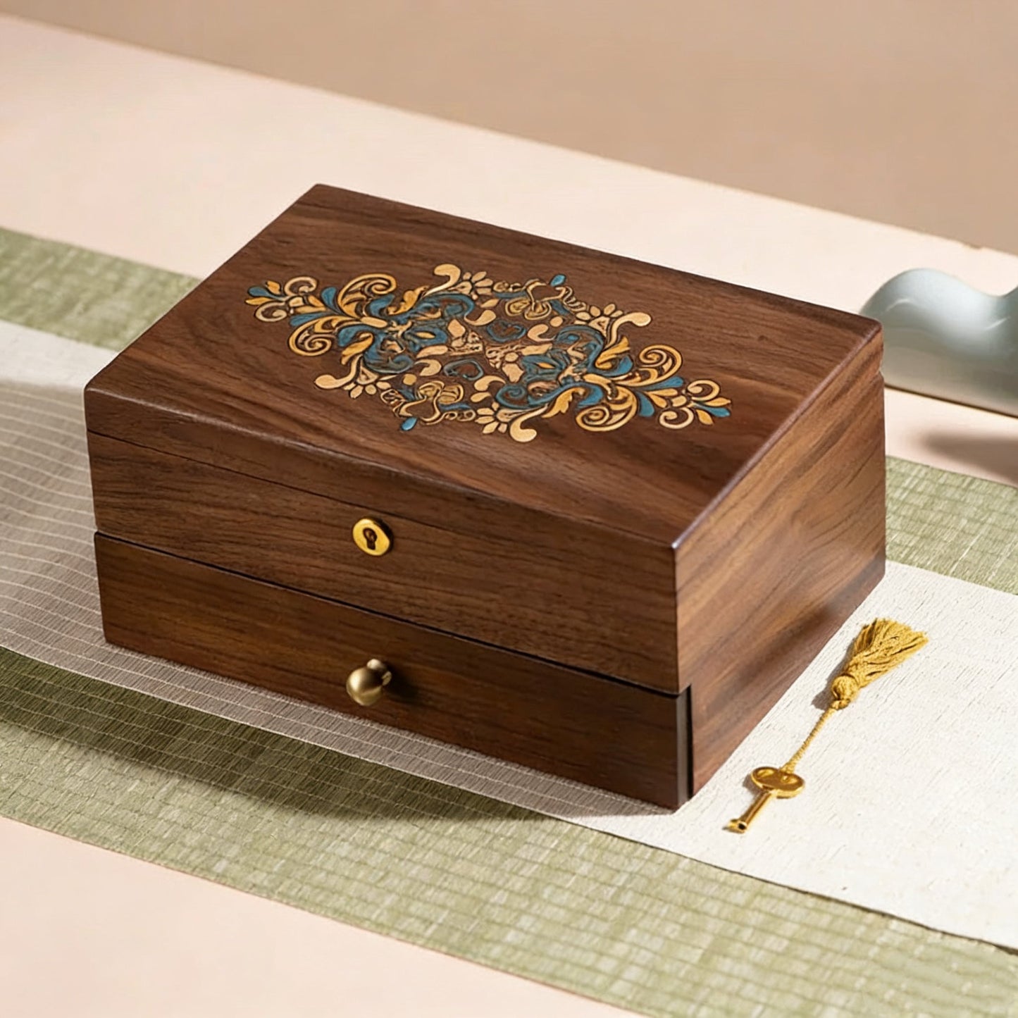 Künstlerisch bemalte, abschließbare Schmuckschatulle aus Walnussholz