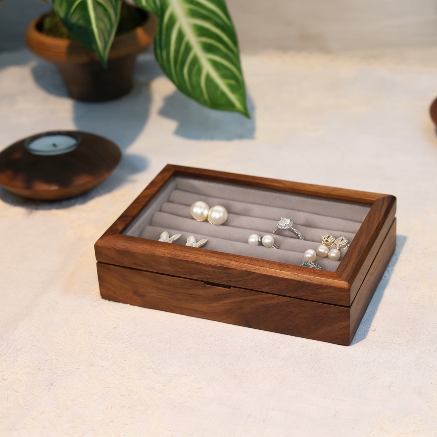 Emma Glass-Lid Walnut Jewelry Box