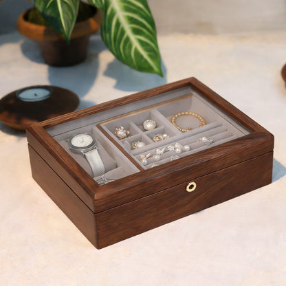 Emma Glass-Lid Walnut Jewelry Box