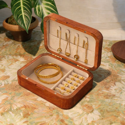 Schmuckkästchen im Retro-Stil aus Walnuss- und Rosenholz, Safranfarben