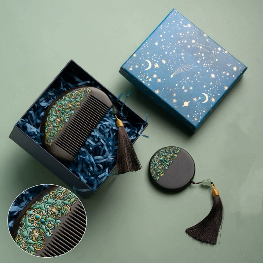 Natalie Hand-Painted Wooden Fine-Tooth Comb & Mirror Set