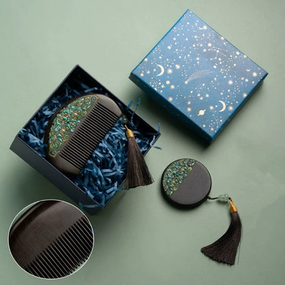 Natalie Hand-Painted Wooden Fine-Tooth Comb & Mirror Set