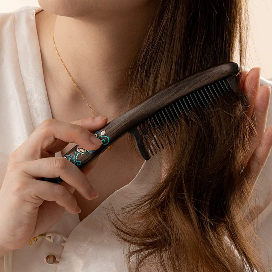 Megan Hand-Painted Wooden Fine-Tooth Comb