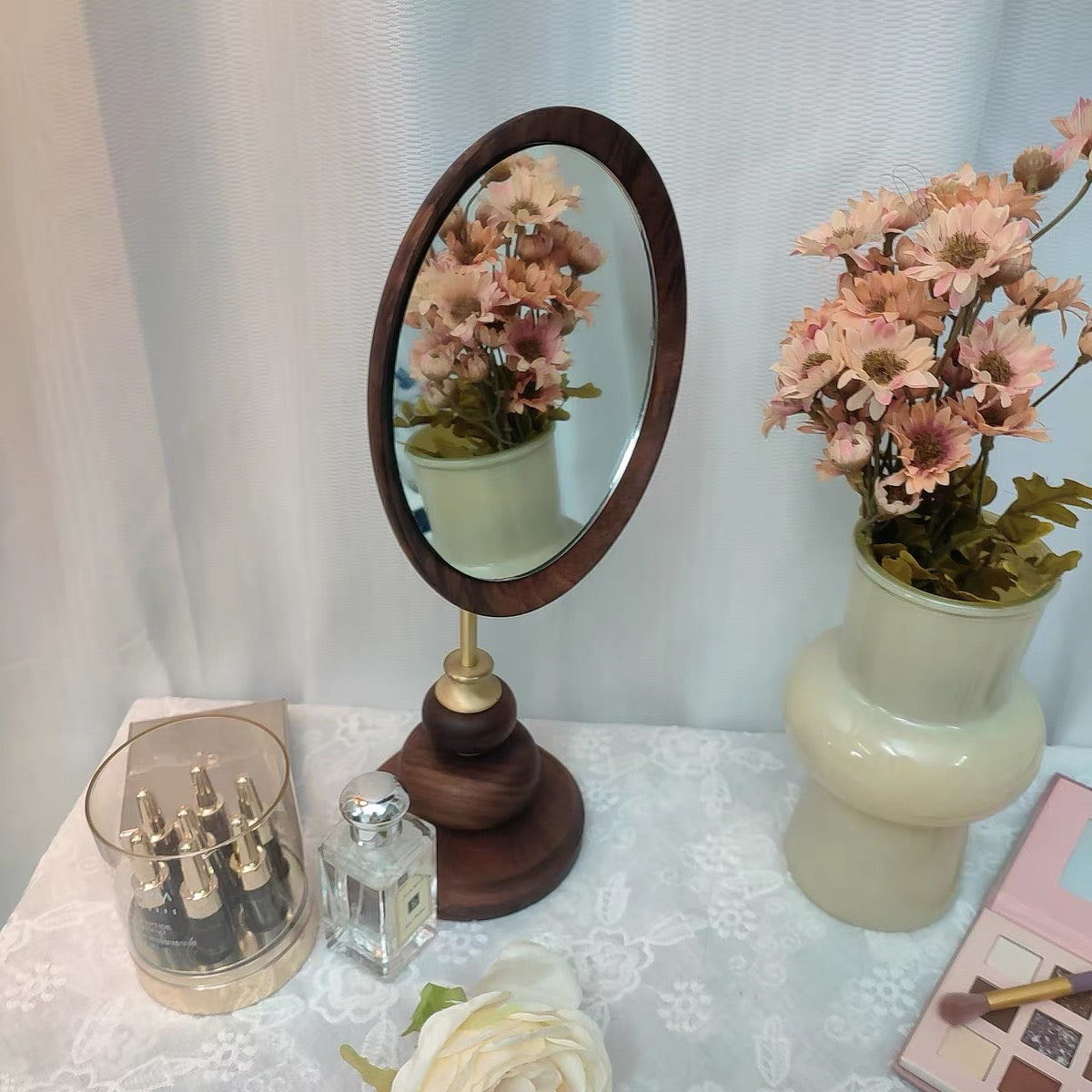 Miroir de maquillage de table en bois style rétro Élégance