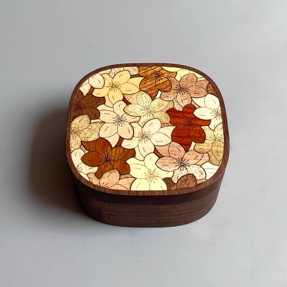 Inlaya Handmade Walnut Retro Print Magnetic Jewelry Box on dresser