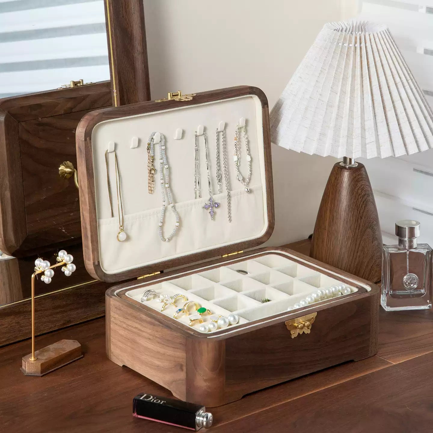 Lunaria Retro Black Walnut Jewelry Box on dresser