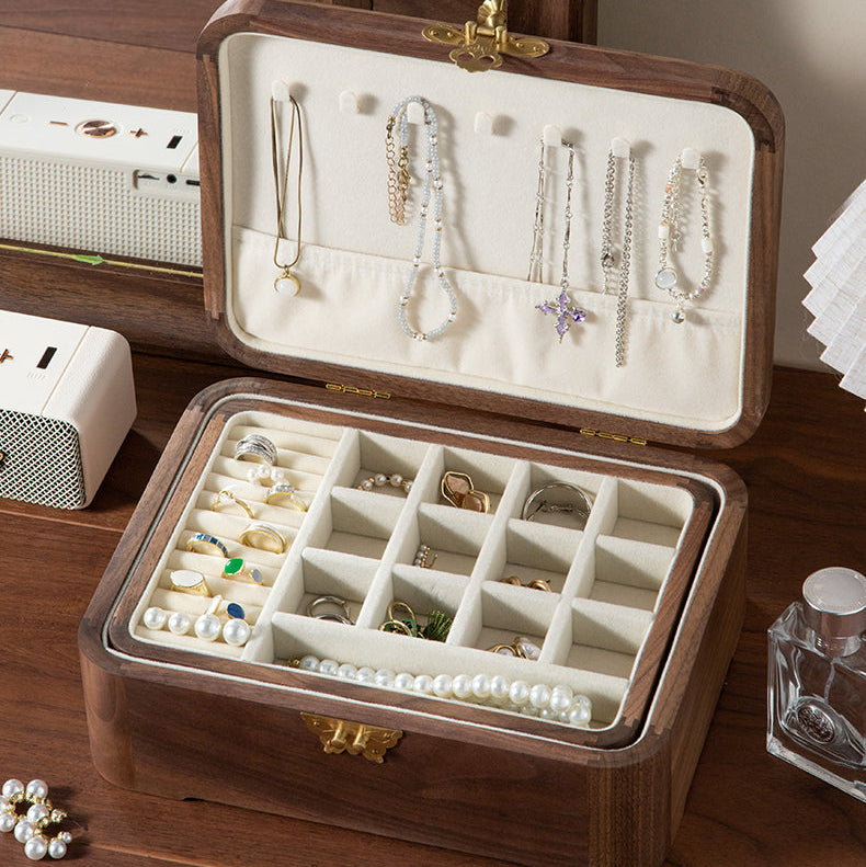 Lunaria Retro Black Walnut Jewelry Box on wooden table