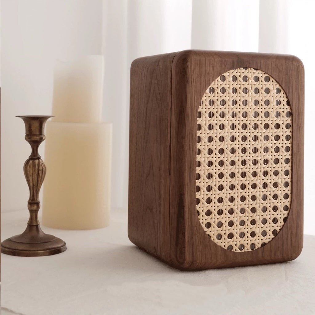 Luxury walnut jewelry box featuring decorative front artwork