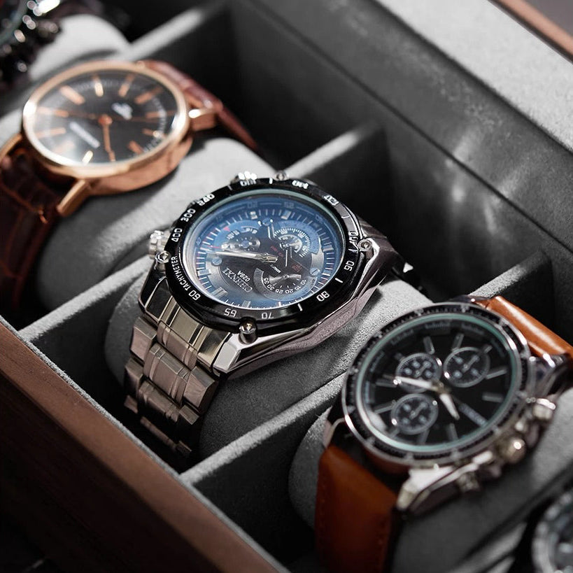 Luxury walnut watch box with glass viewing cover