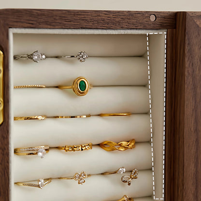 Mini cabinet-style wooden jewelry box with storage compartments