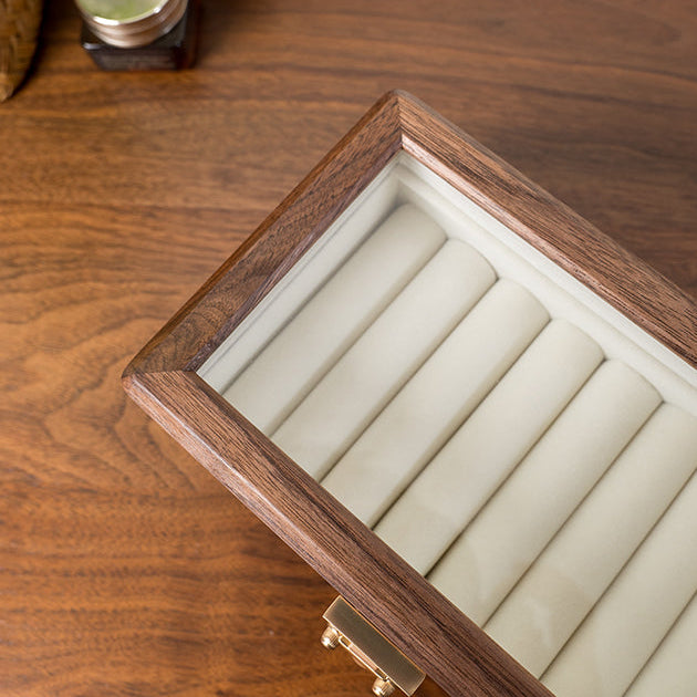 Minimalist design black walnut jewelry box on dressing table
