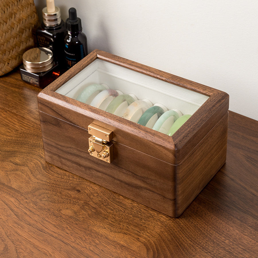 Minimalist wooden box with bangles perfectly arranged