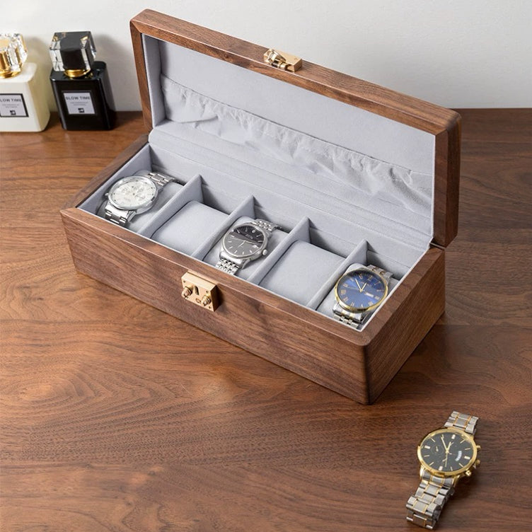 Natural walnut watch box with clean modern design